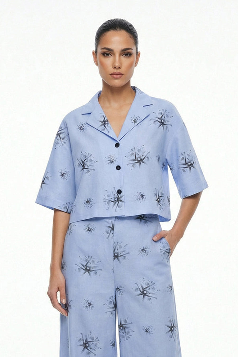 Blue Auralith Printed Cropped Shirt