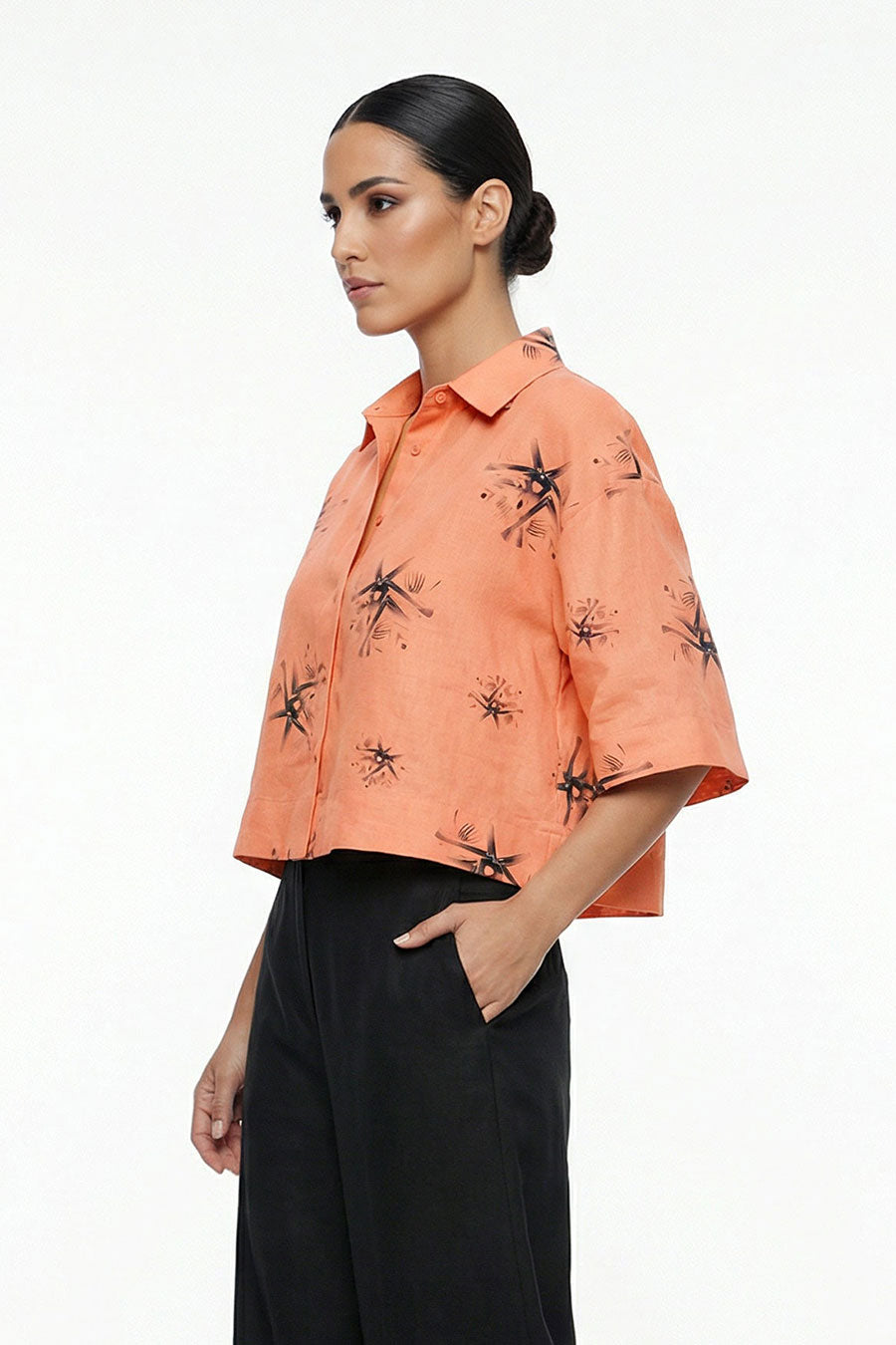 Orange Auralith Printed Cropped Shirt