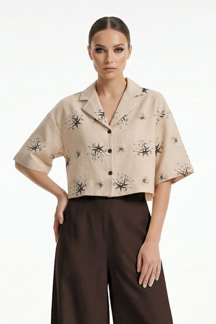 Beige Auralith Printed Cropped Shirt