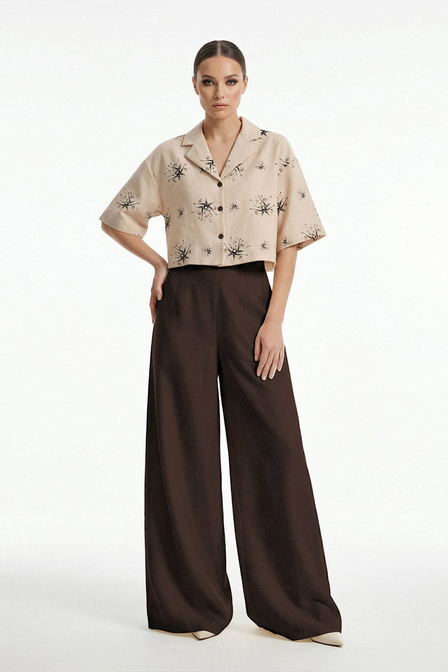 Beige Auralith Printed Cropped Shirt