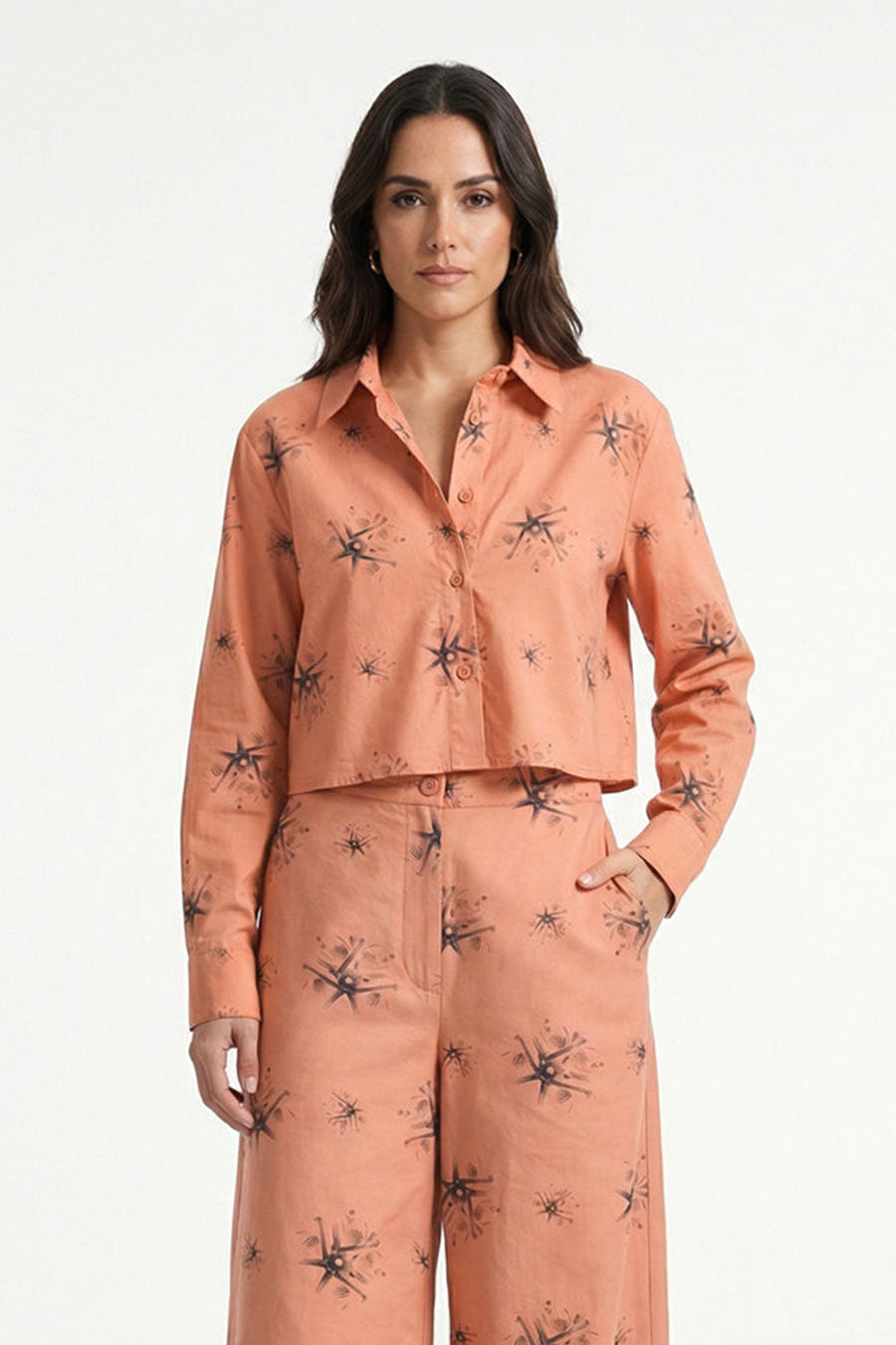 Orange Auralith Printed Cropped Shirt