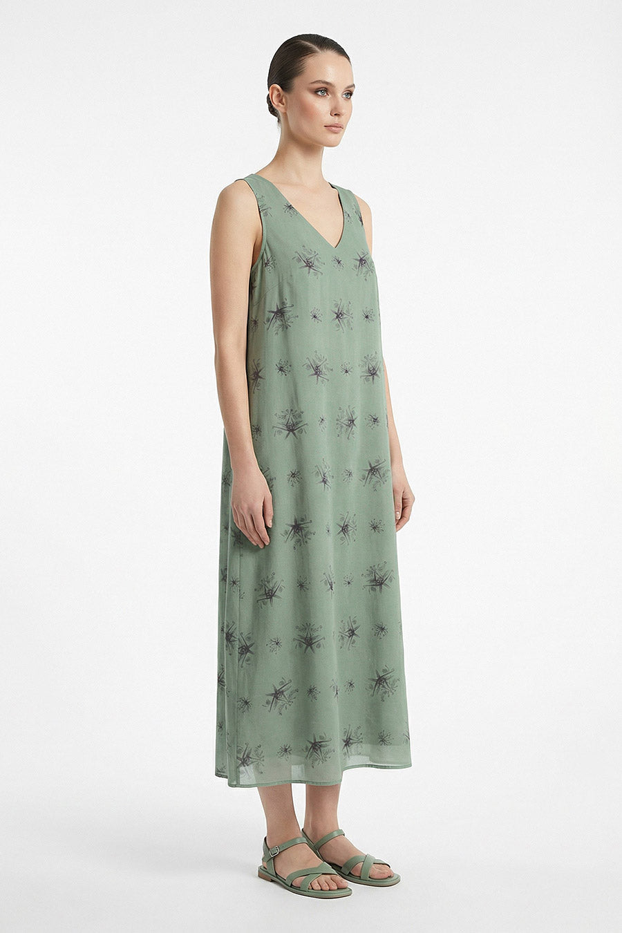 Green Auralith Printed Sleeveless Dress