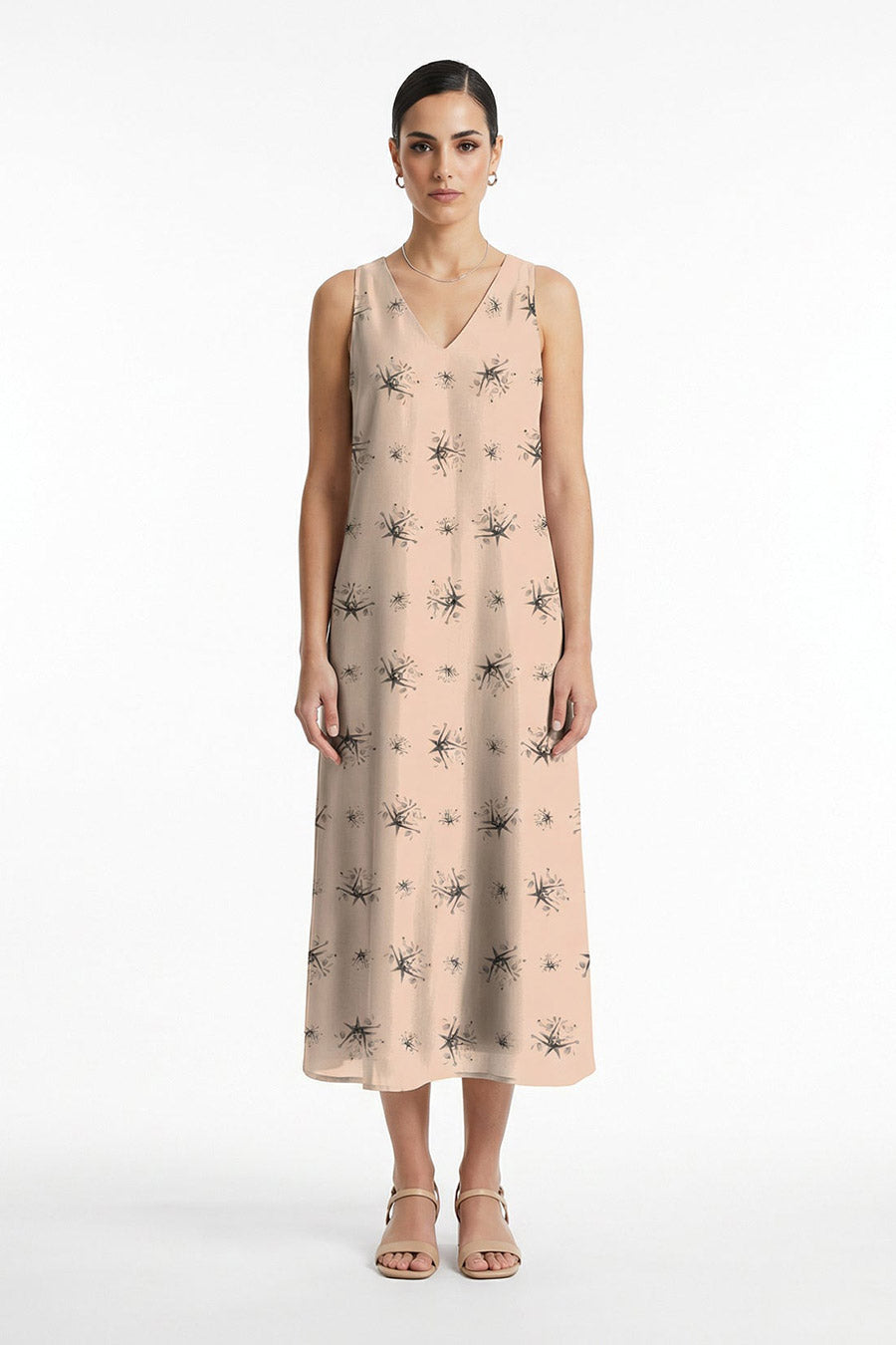 Beige Auralith Printed Sleeveless Dress