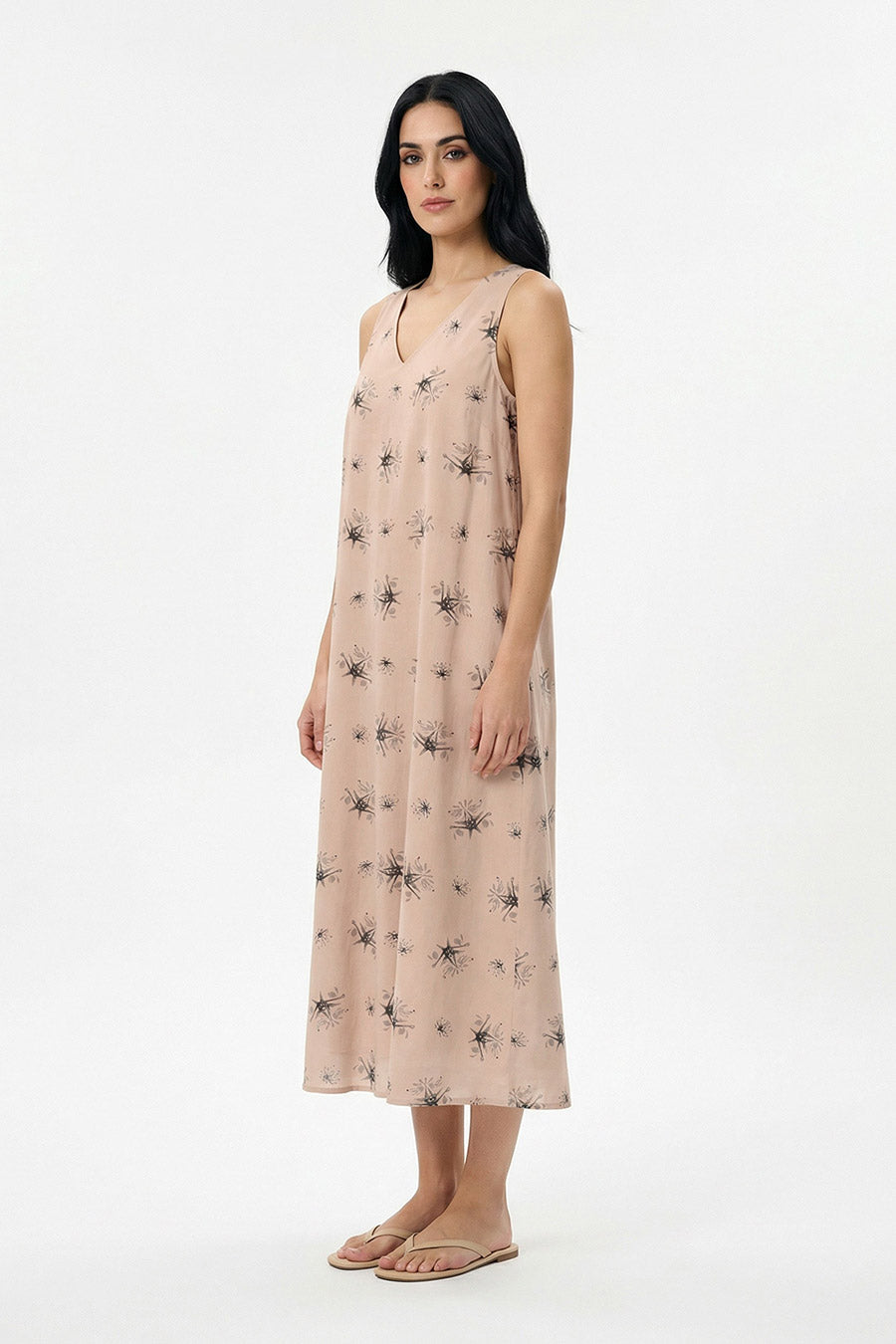 Beige Auralith Printed Sleeveless Dress