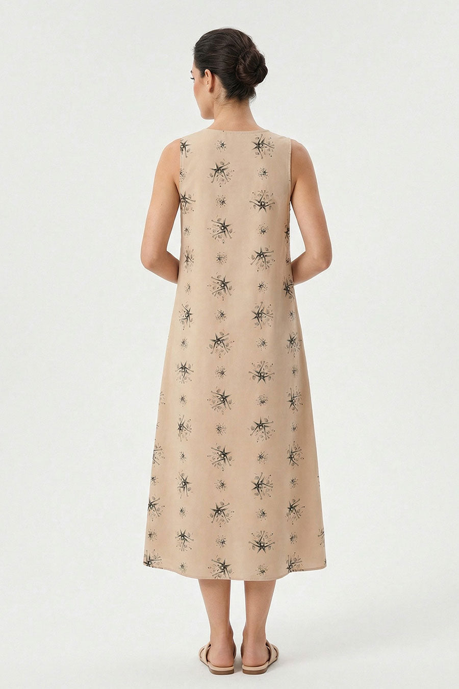 Beige Auralith Printed Sleeveless Dress