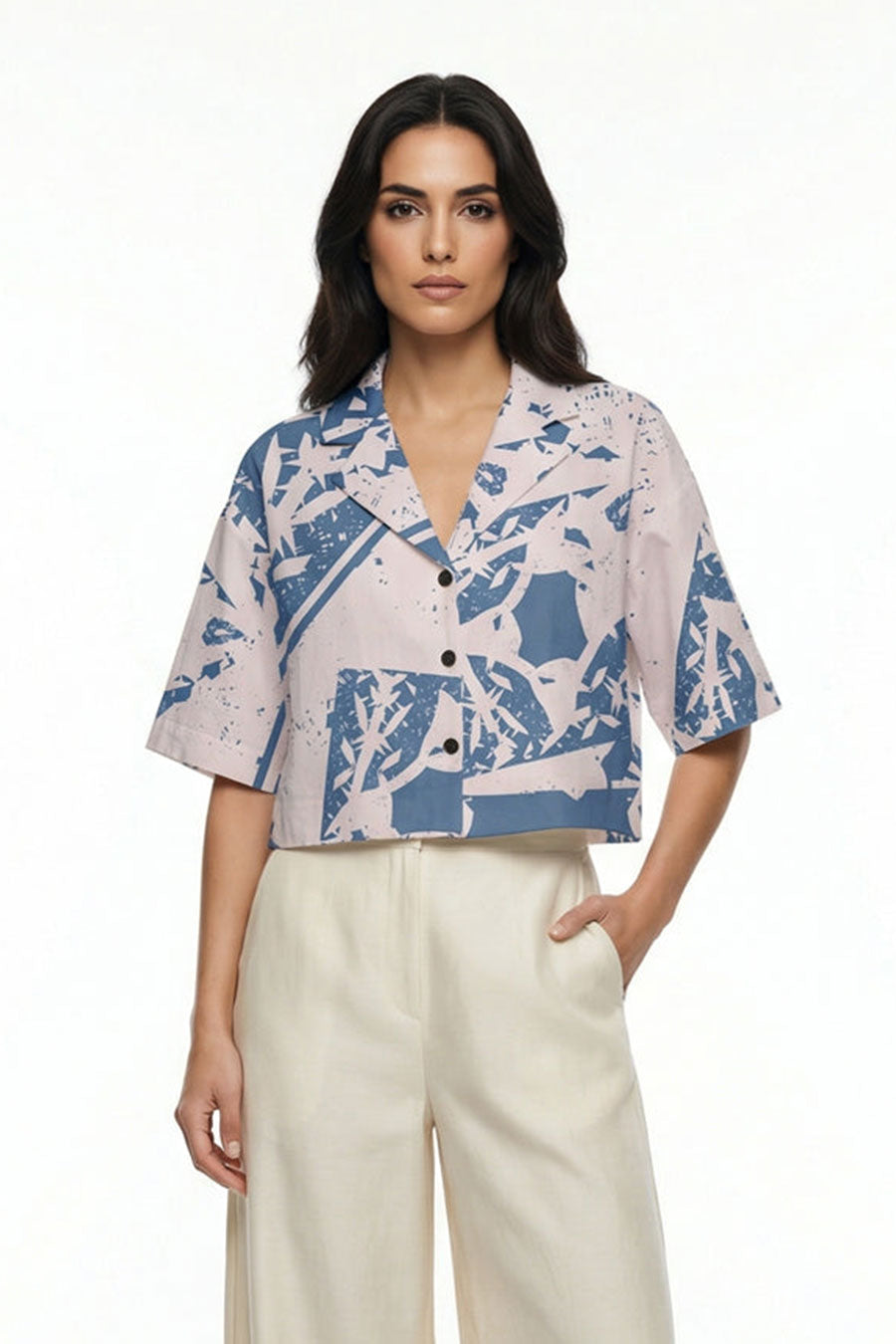 Blue-Beige Cosmic Chaos Printed Cropped Shirt
