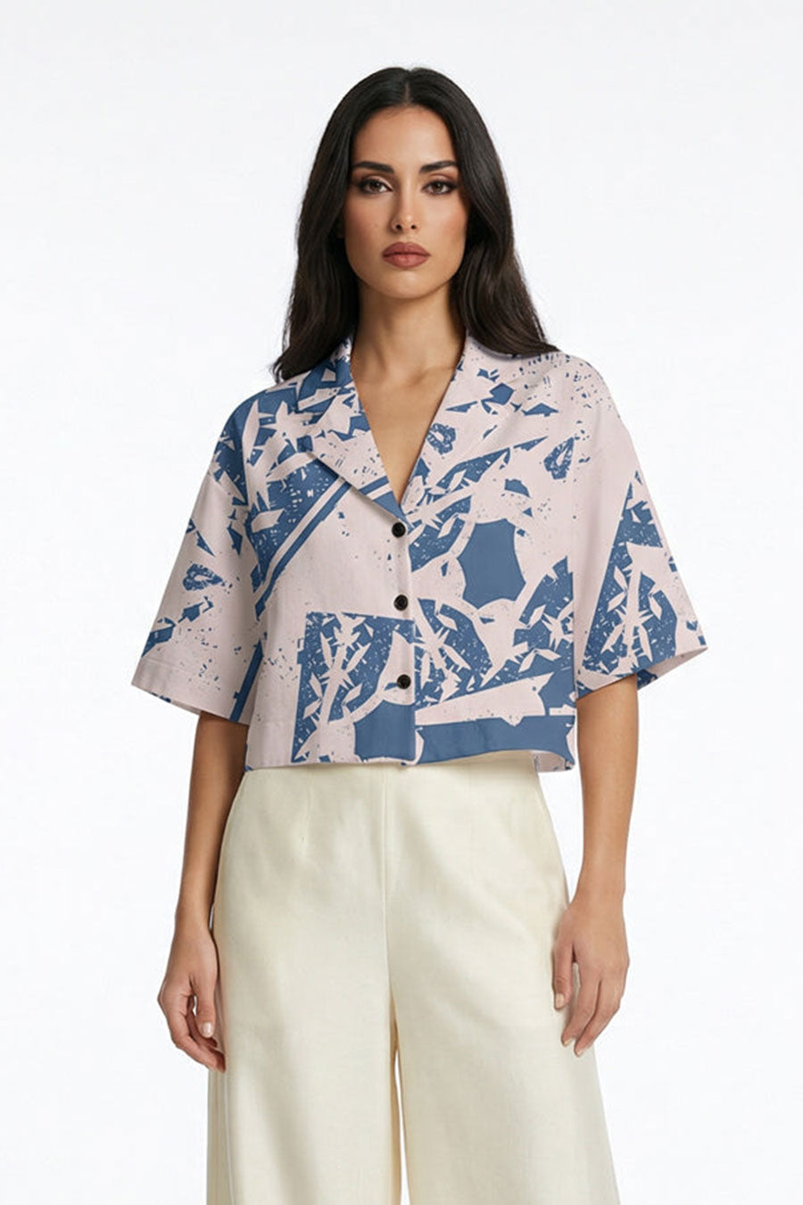 Blue-Beige Cosmic Chaos Printed Cropped Shirt