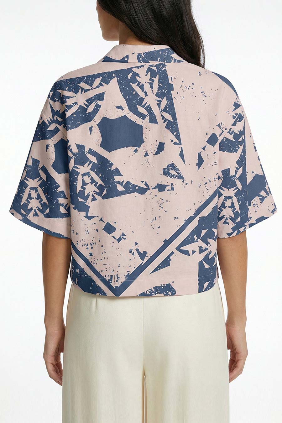 Blue-Beige Cosmic Chaos Printed Cropped Shirt