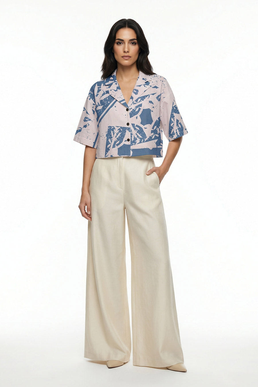 Blue-Beige Cosmic Chaos Printed Cropped Shirt