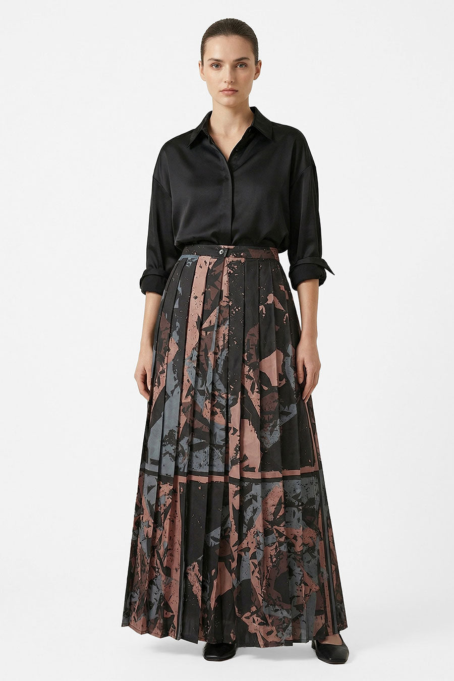 Black Cosmic Chaos Printed Pleated Skirt