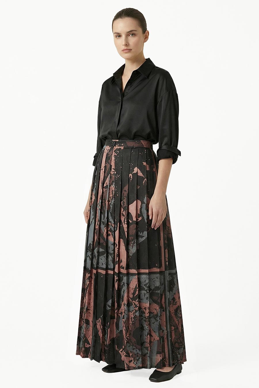 Black Cosmic Chaos Printed Pleated Skirt