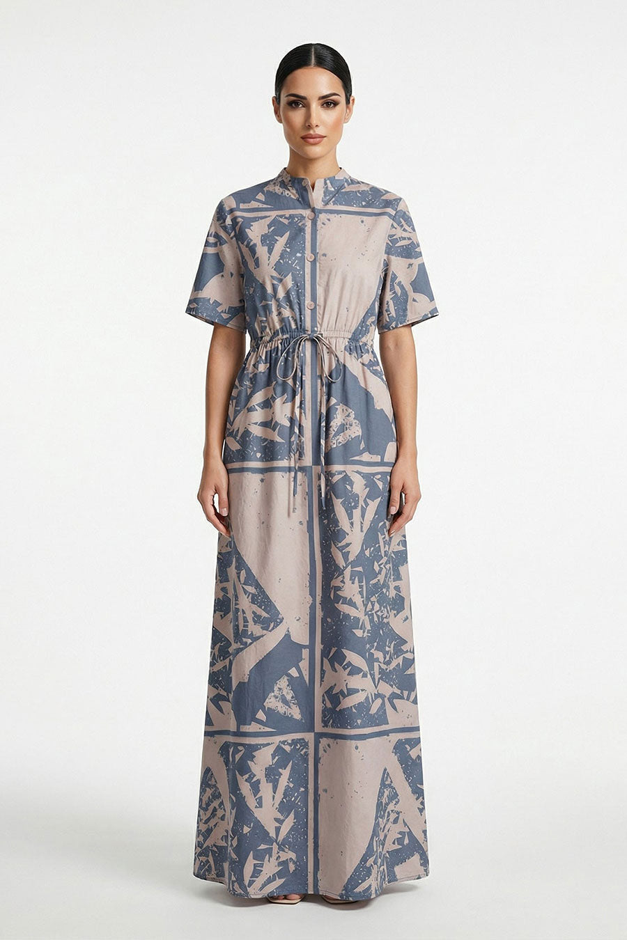 Beige-Blue Cosmic Chaos Printed Maxi Dress