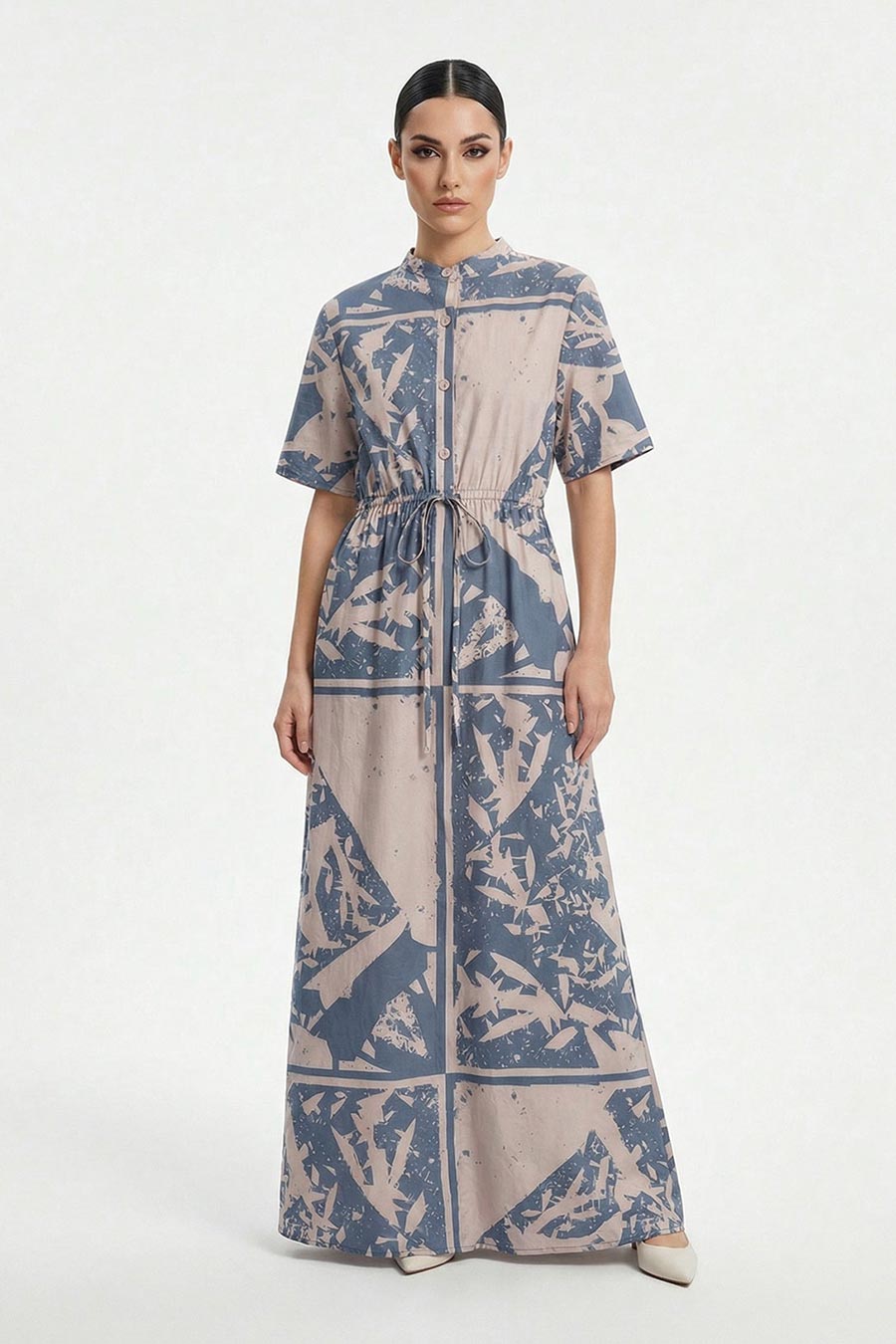 Beige-Blue Cosmic Chaos Printed Maxi Dress