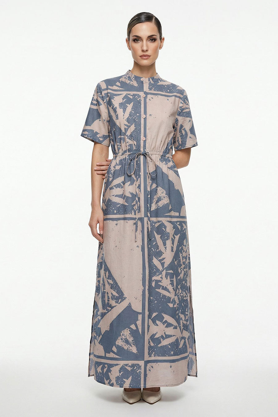 Beige-Blue Cosmic Chaos Printed Maxi Dress
