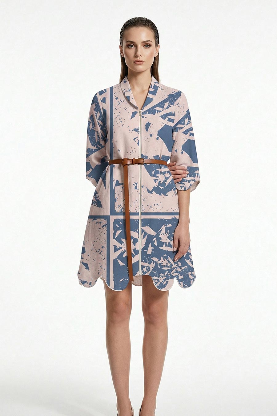 Beige-Blue Cosmic Chaos Printed Short Dress