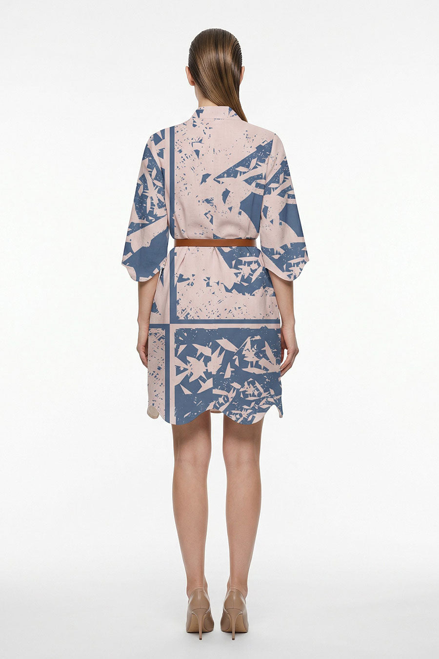 Beige-Blue Cosmic Chaos Printed Short Dress