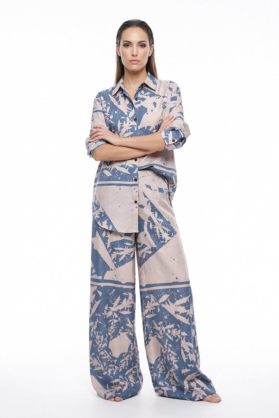 Beige-Blue Cosmic Chaos Printed Wide Pants