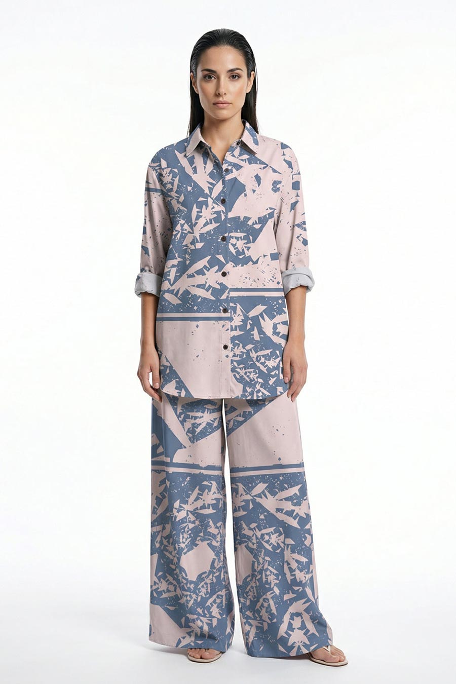 Beige-Blue Cosmic Chaos Printed Wide Pants