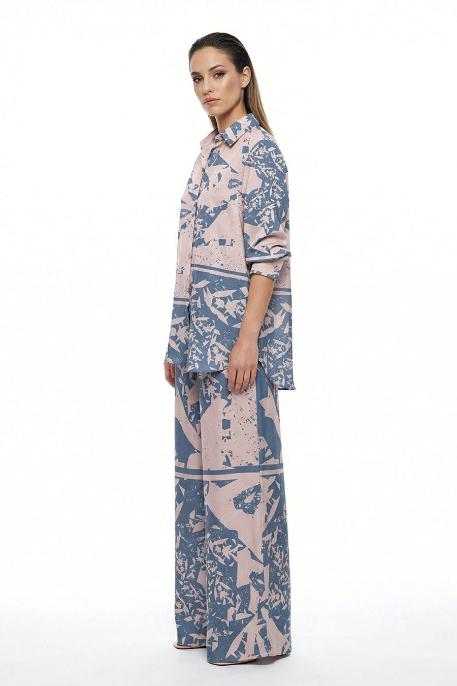 Beige-Blue Cosmic Chaos Printed Wide Pants