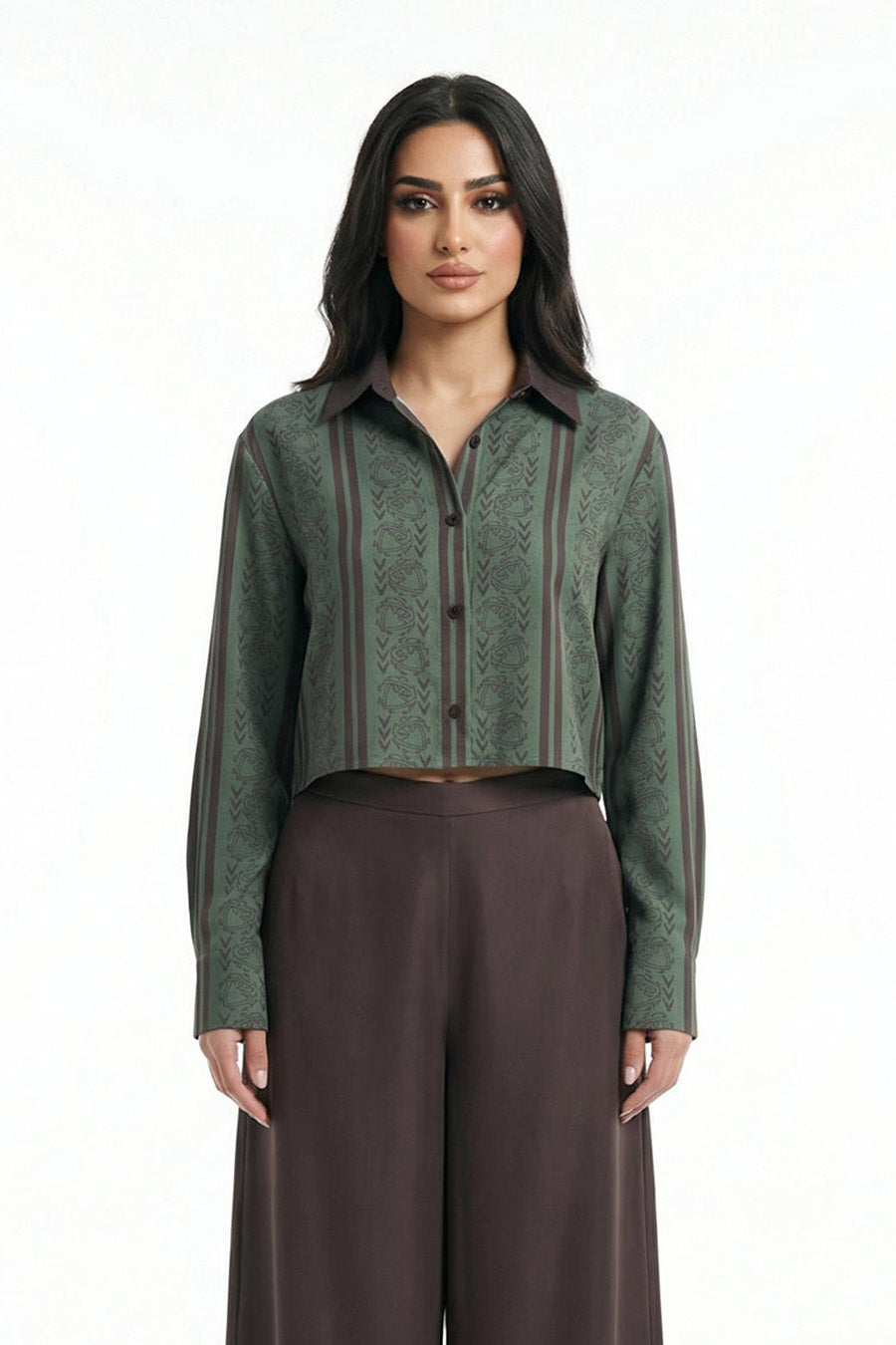 Olive Celestial Descent Printed Cropped Shirt