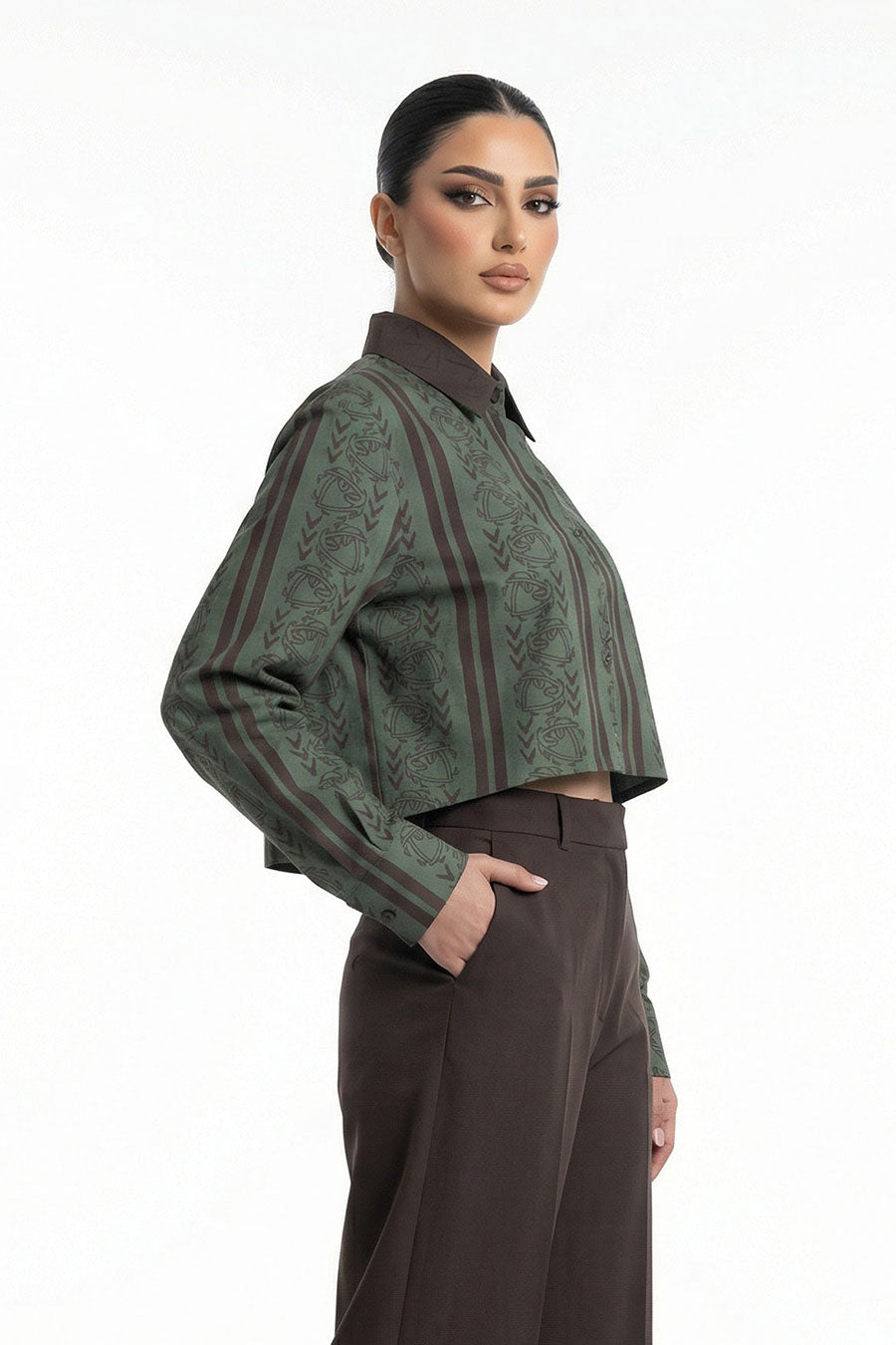 Olive Celestial Descent Printed Cropped Shirt