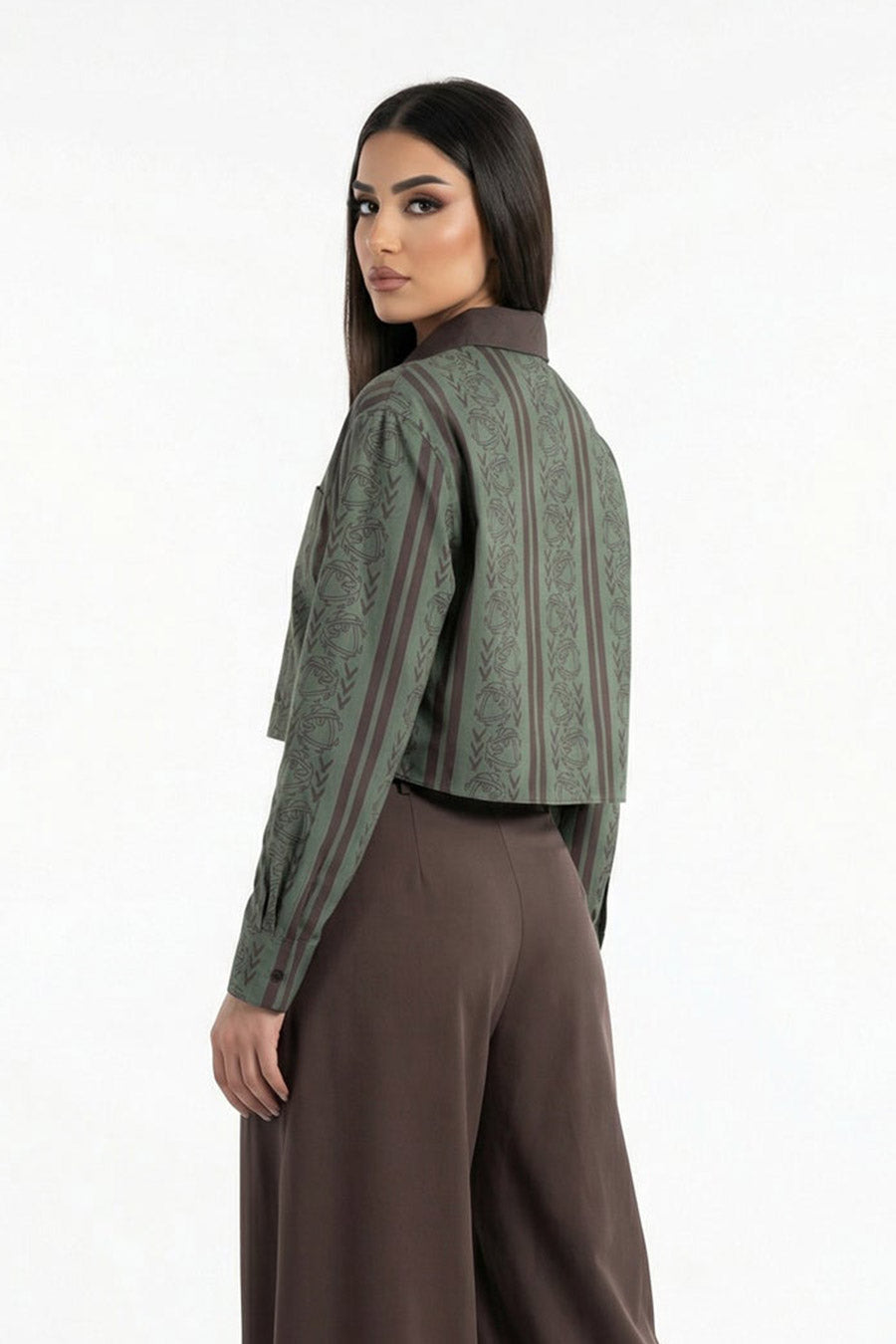 Olive Celestial Descent Printed Cropped Shirt