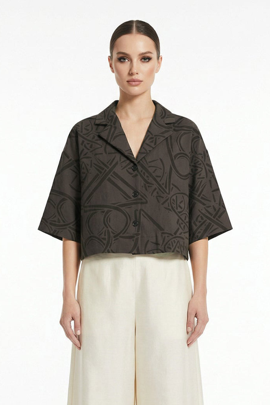 Mocha Timeless Impressions Printed Cropped Shirt