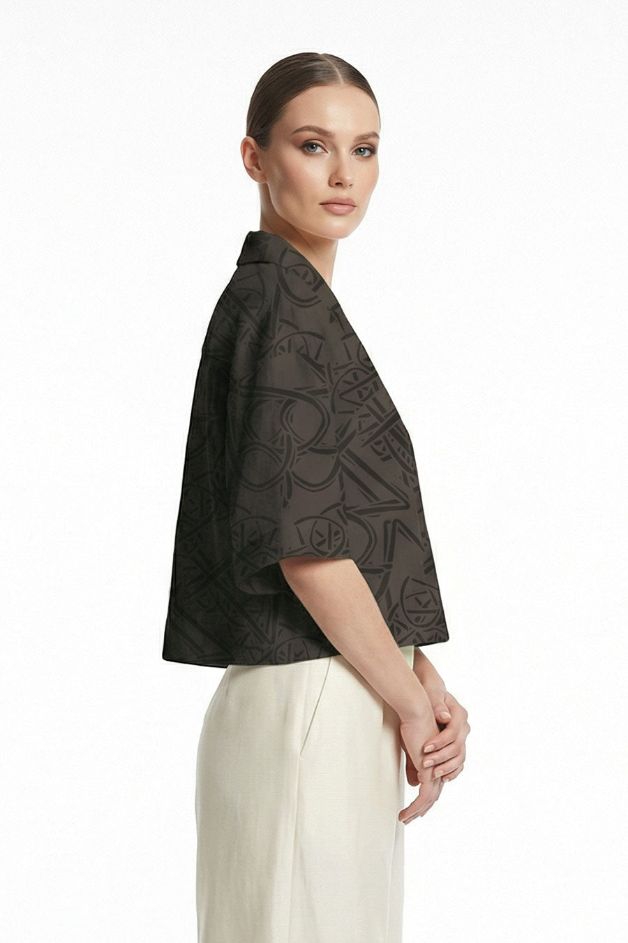 Mocha Timeless Impressions Printed Cropped Shirt