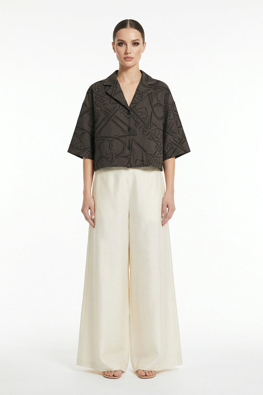 Mocha Timeless Impressions Printed Cropped Shirt