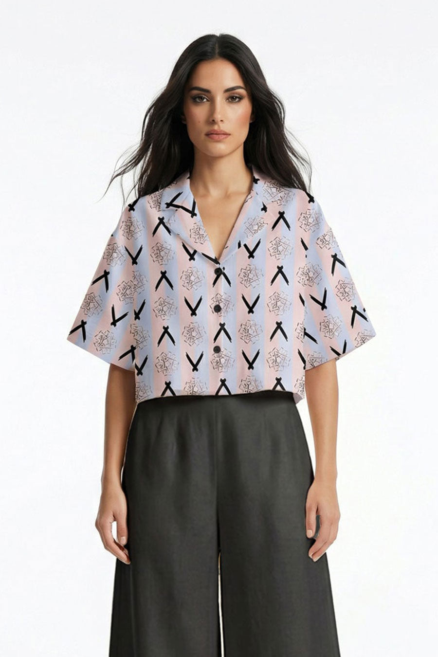 Pink-Blue Falling Halves Printed Cropped Shirt