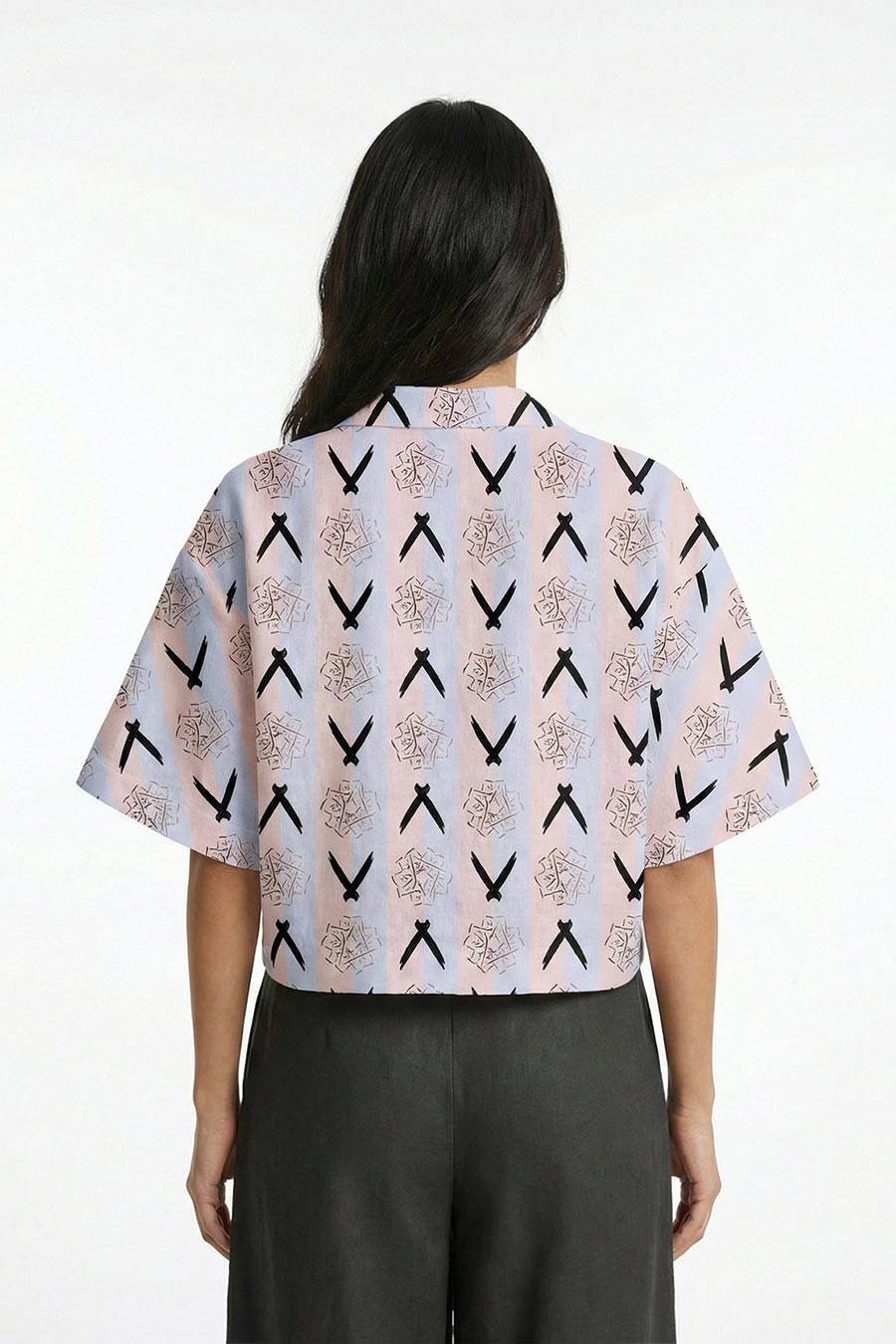 Pink-Blue Falling Halves Printed Cropped Shirt