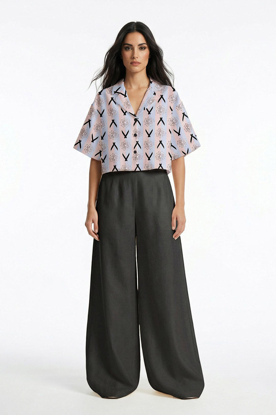 Pink-Blue Falling Halves Printed Cropped Shirt