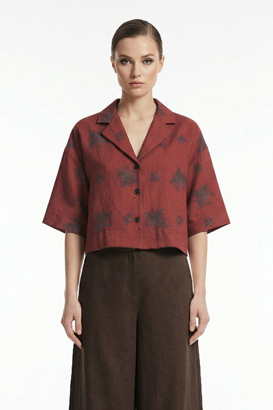 Burgundy Luminous Reign Printed Cropped Shirt
