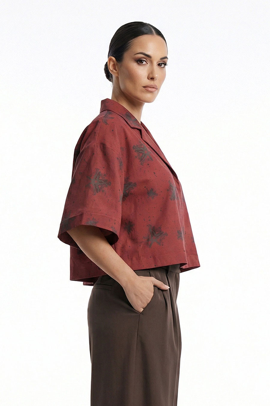 Burgundy Luminous Reign Printed Cropped Shirt