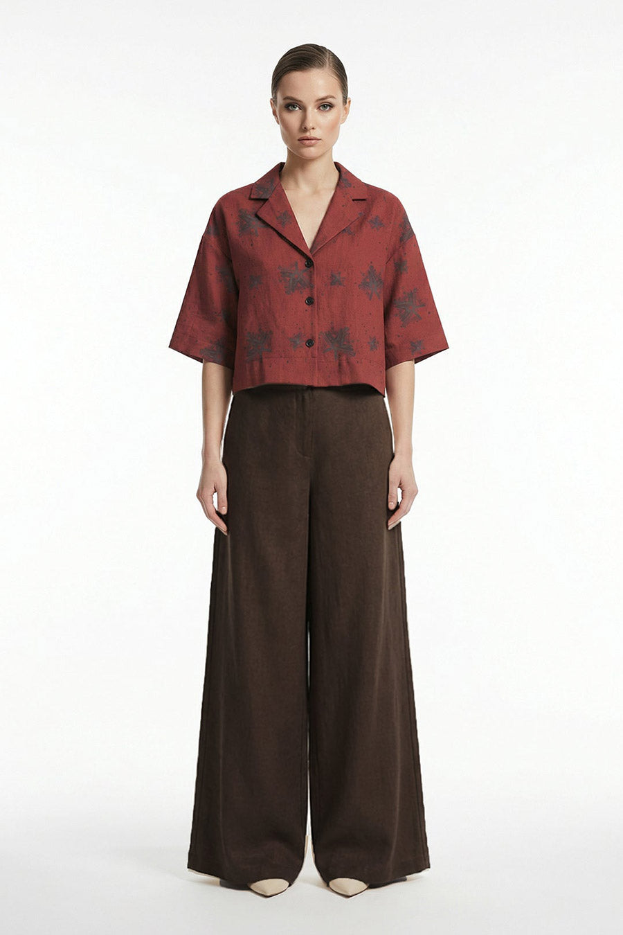 Burgundy Luminous Reign Printed Cropped Shirt