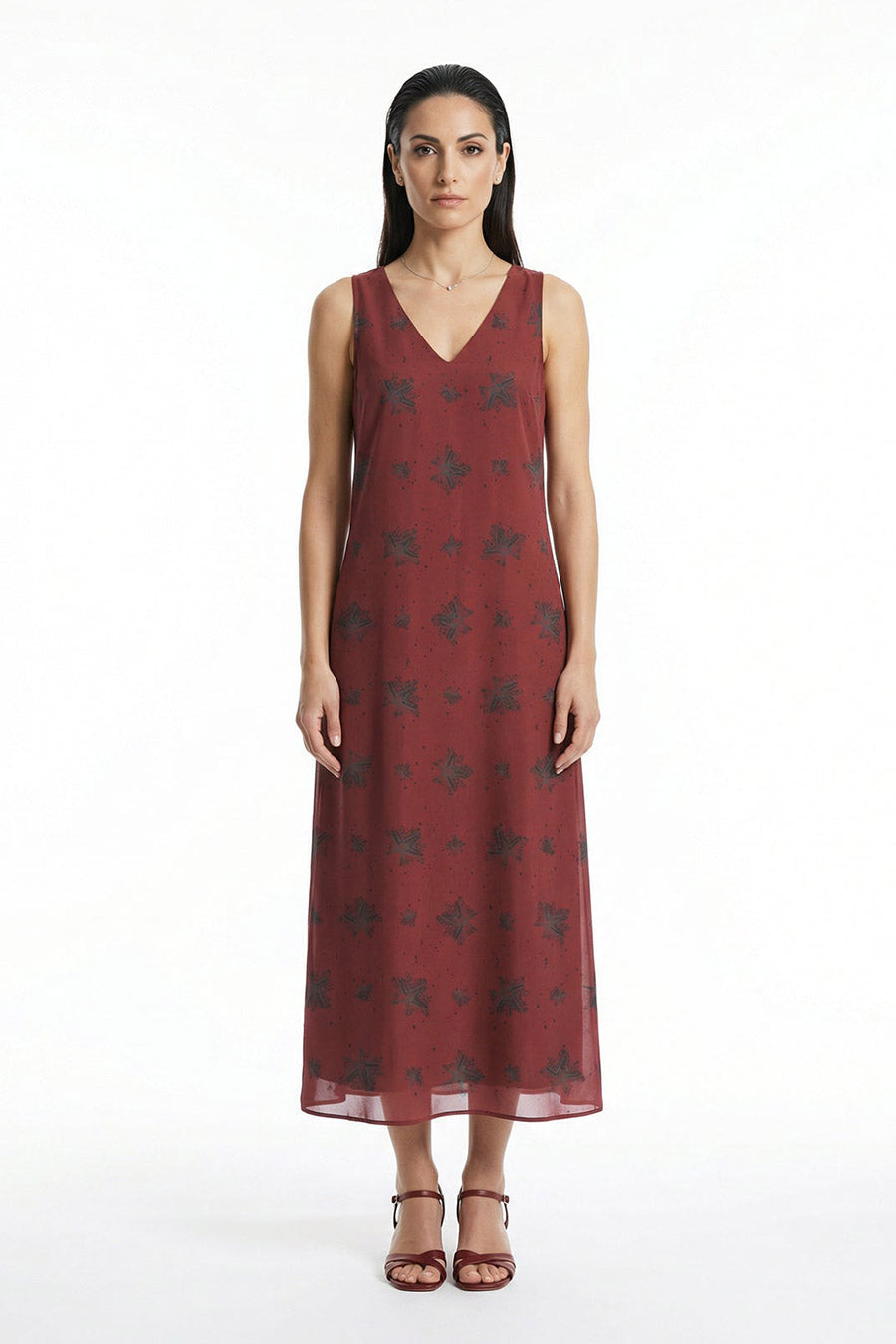 Burgundy Luminous Reign Printed Sleeveless Dress
