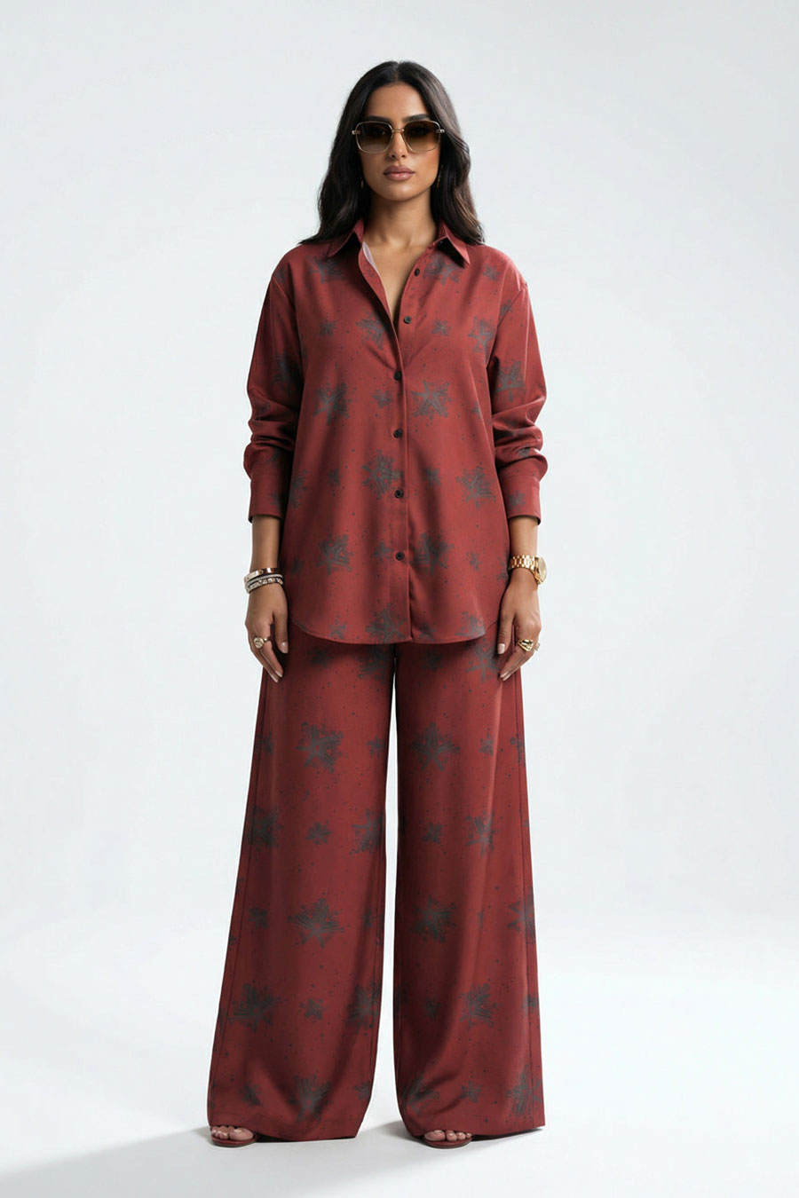Burgundy Luminous Reign Printed Wide Pants