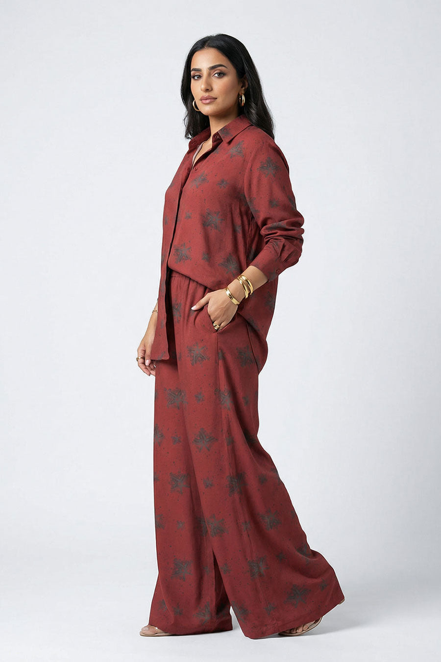 Burgundy Luminous Reign Printed Wide Pants