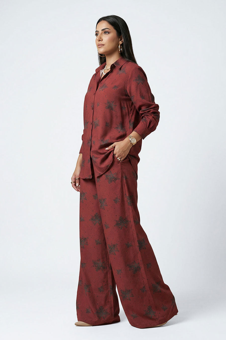 Burgundy Luminous Reign Printed Wide Pants