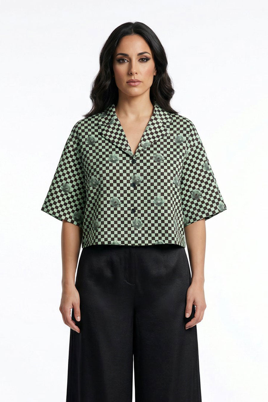 Mint-Black Nurazaa Printed Cropped Shirt