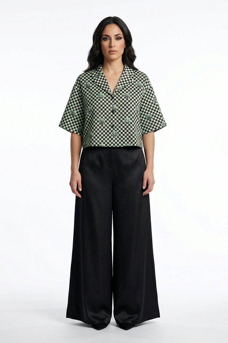 Mint-Black Nurazaa Printed Cropped Shirt