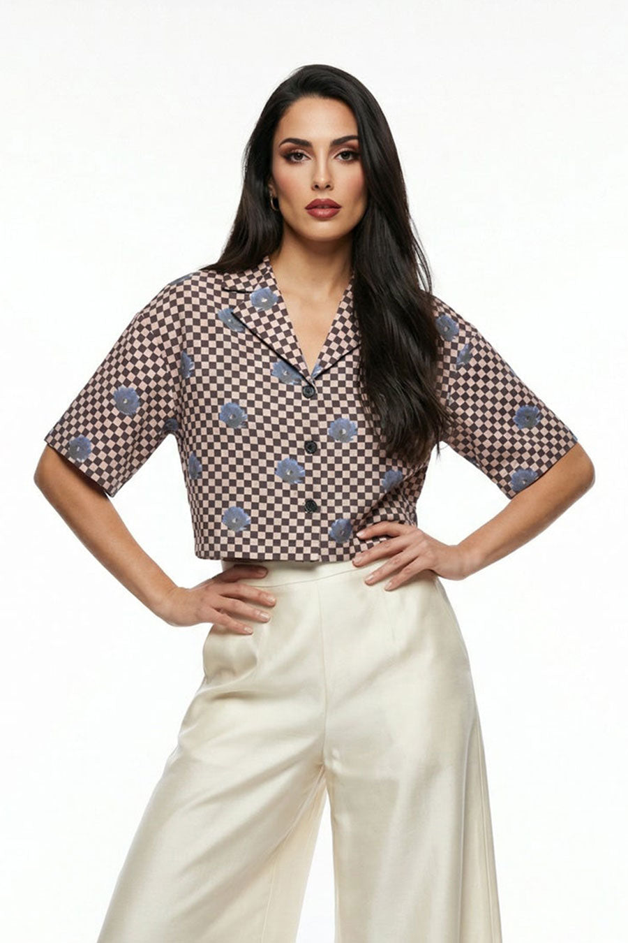 Pink-Black Nurazaa Printed Cropped Shirt