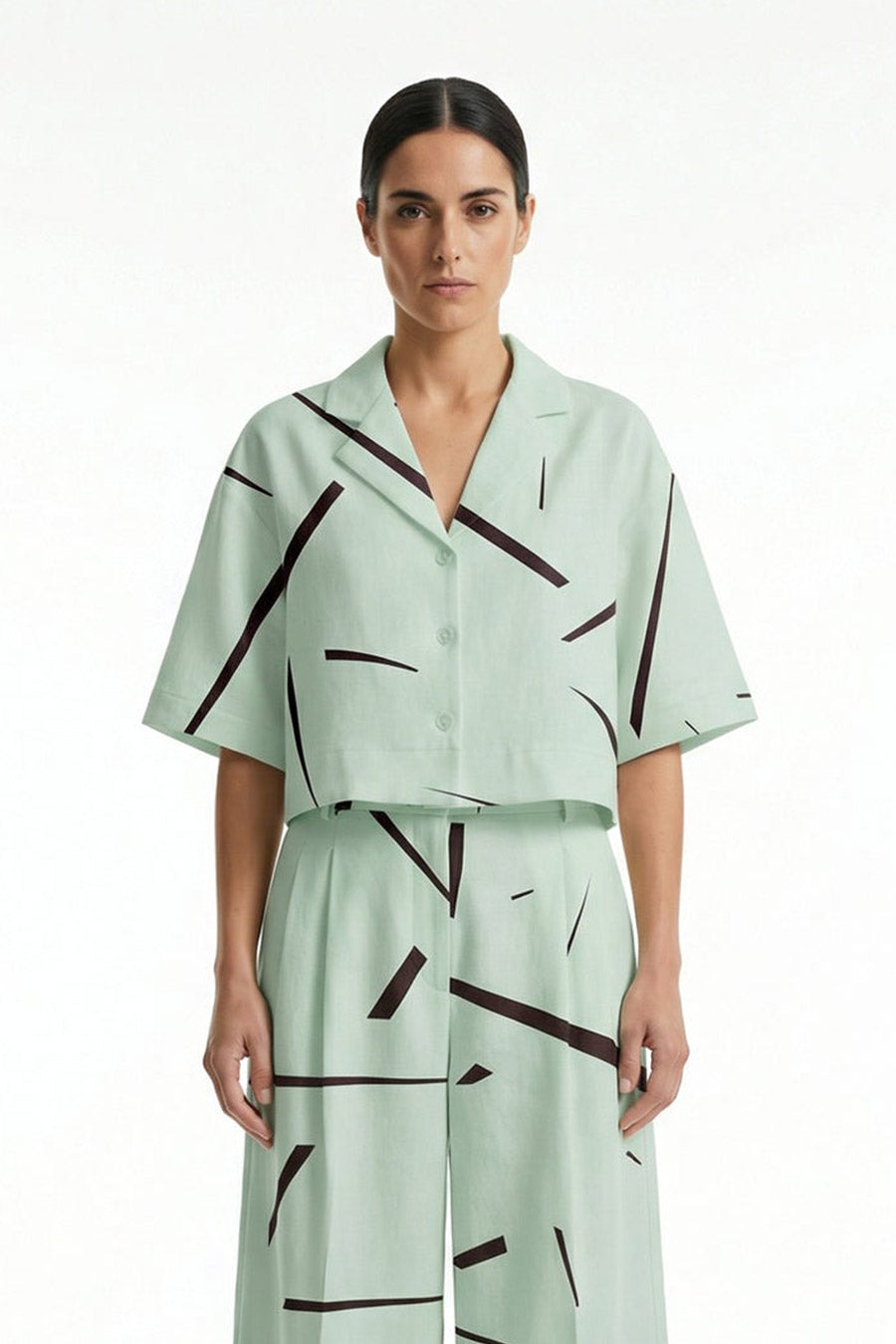 Mint Green Rough Notes Printed Cropped Shirt