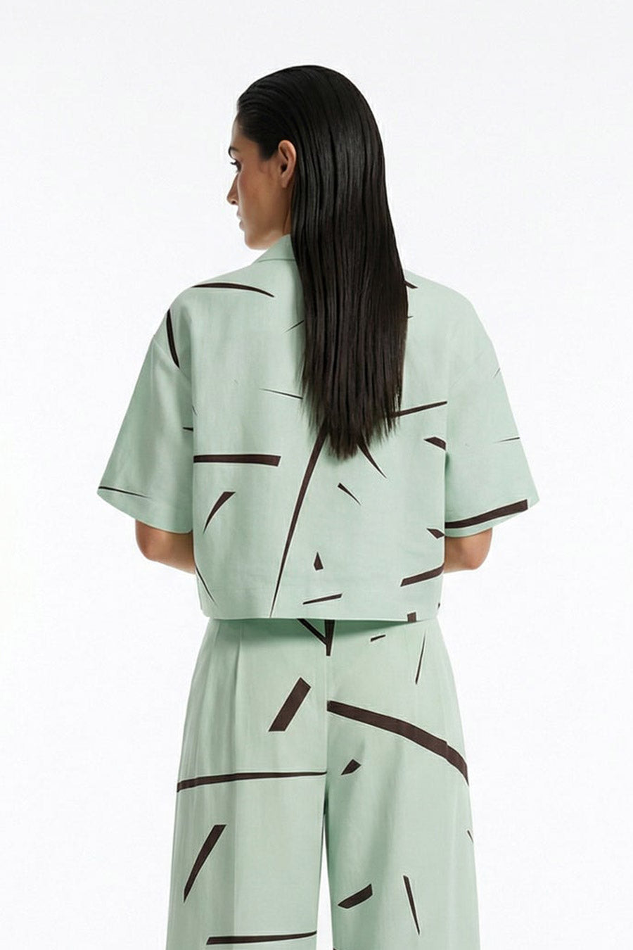 Mint Green Rough Notes Printed Cropped Shirt