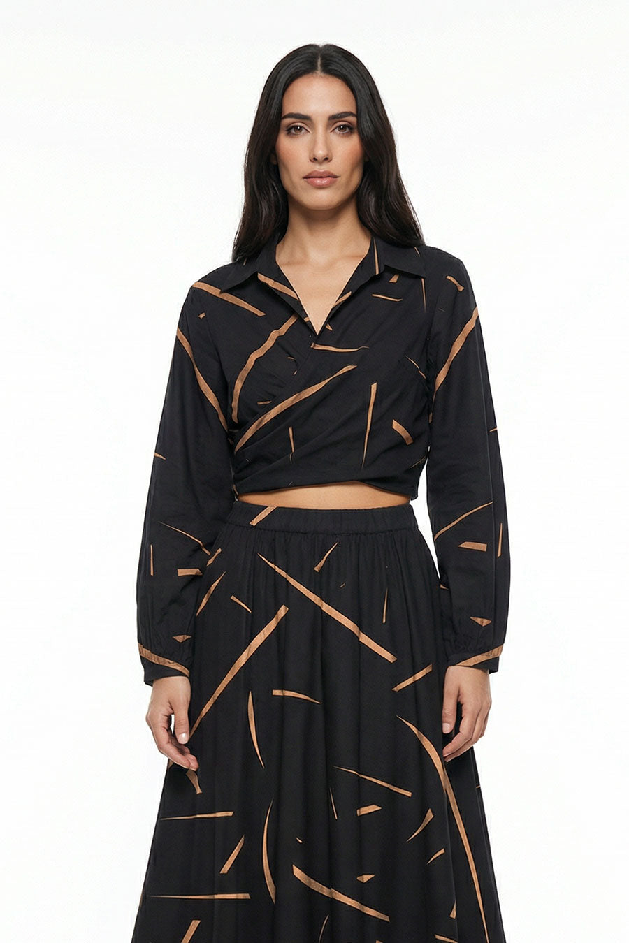 Black Rough Notes Printed Crossover Top