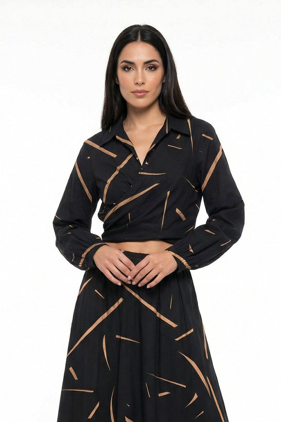 Black Rough Notes Printed Crossover Top