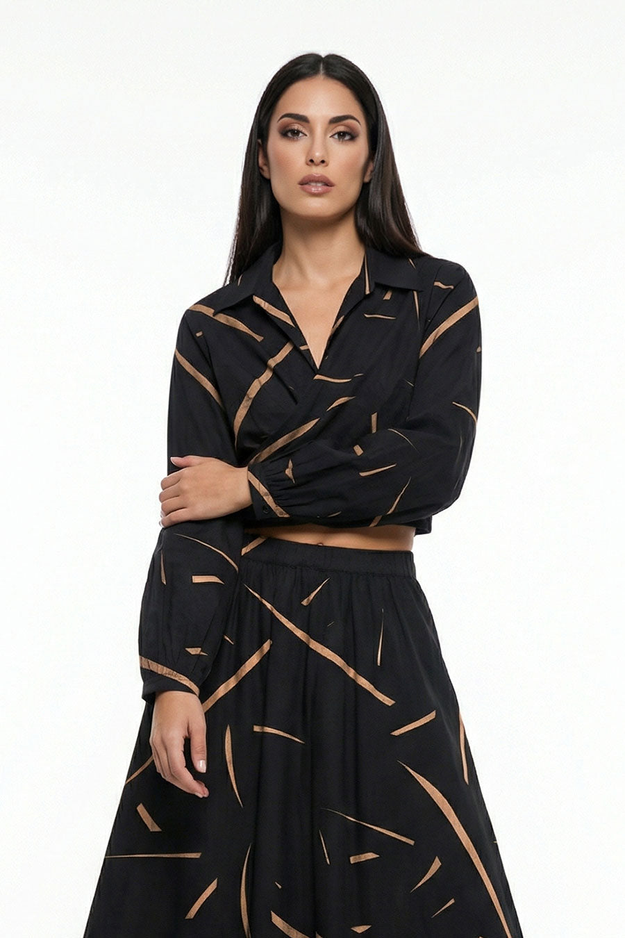 Black Rough Notes Printed Crossover Top