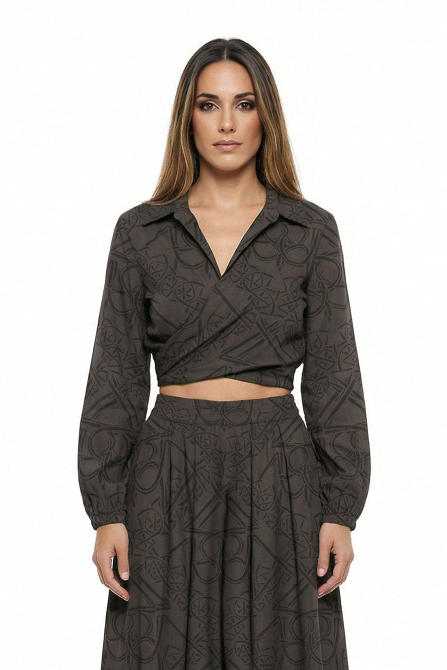 Mocha Timeless Impressions Printed Crossover Top