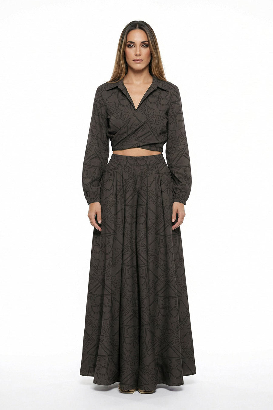 Mocha Timeless Impressions Printed Crossover Top