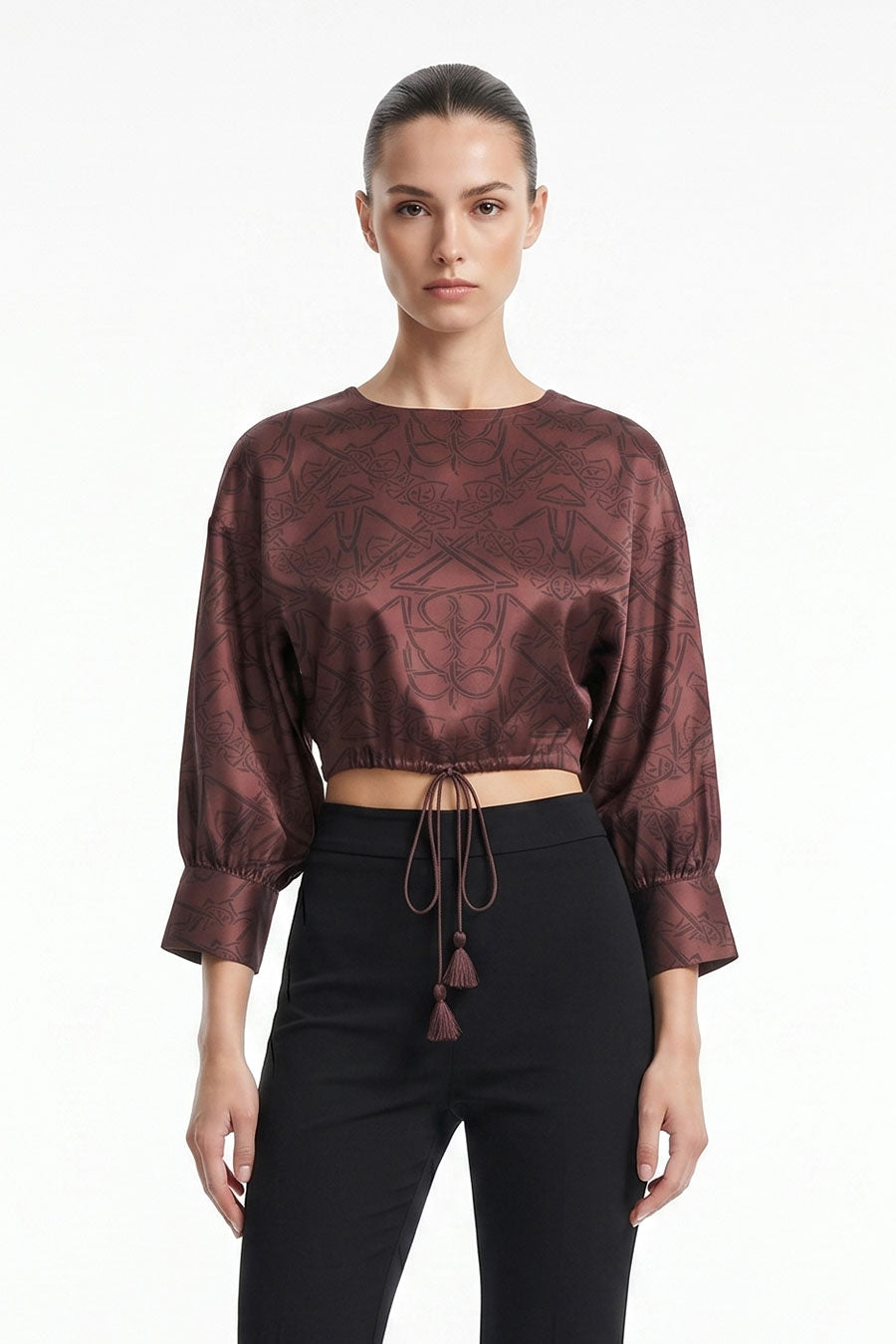 Burgundy Timeless Impressions Printed Drawstring Crop Top